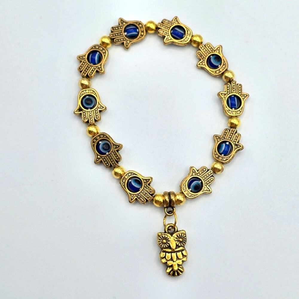 Evil Eye Owl Gold Bead‎ Fashion Elastic Bracelet Charm Costume Jewelry